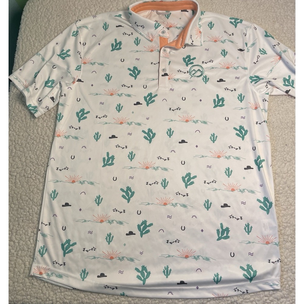 Swannies Polo Shirt Men Large White Golf Cactus Desert Short Sleeve Nomad